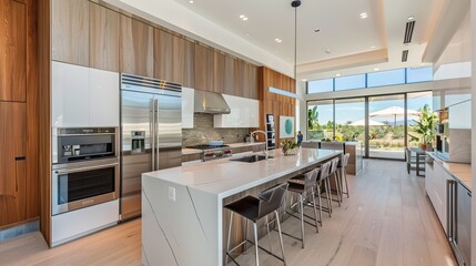A modern kitchen with sleek white cabinets, stainless steel appliances, and a large island with a waterfall countertop.