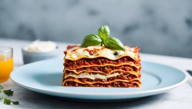 lasagna served on a plate, copyspace, stockphoto, modern background, nordic style, high resolution , Delicious pasta on plate