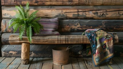Rustic Cabin Aesthetic Log Bench and Handmade Quilts Adorn Reclaimed Wood Backdrop with Nestled Fern