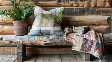 Rustic Cabin Aesthetic Log Bench and Handmade Quilts Adorn Reclaimed Wood Backdrop with Nestled Fern