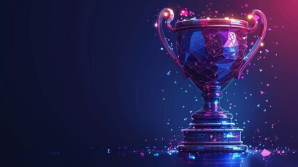 Champion trophy cup in glowing low polygonal style dark blue background