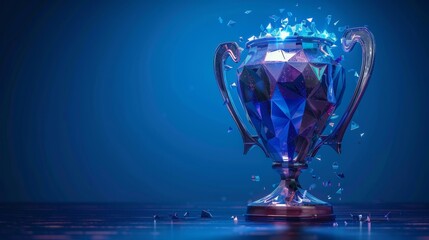 Champion trophy cup in glowing low polygonal style dark blue background