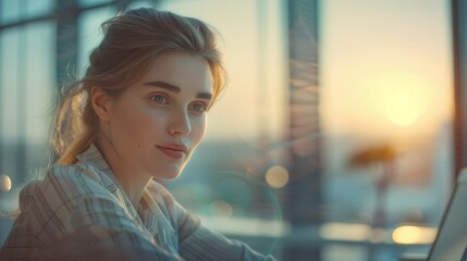 A woman entrepreneur in a modern office dressed formally works Concentrate and use your thoughts. with computer laptop papers and financial reports