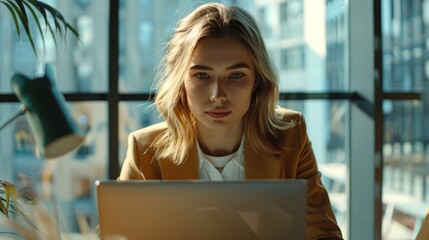 A woman entrepreneur in a modern office dressed formally works Concentrate and use your thoughts. with computer laptop papers and financial reports - obrazy, fototapety, plakaty