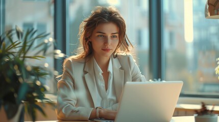 A woman entrepreneur in a modern office dressed formally works Concentrate and use your thoughts. with computer laptop papers and financial reports - obrazy, fototapety, plakaty