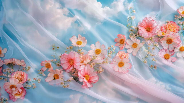 Colorful fabric flowers on tull and clouds