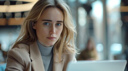 A woman entrepreneur in a modern office dressed formally works Concentrate and use your thoughts. with computer laptop papers and financial reports