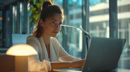 A woman entrepreneur in a modern office dressed formally works Concentrate and use your thoughts. with computer laptop papers and financial reports