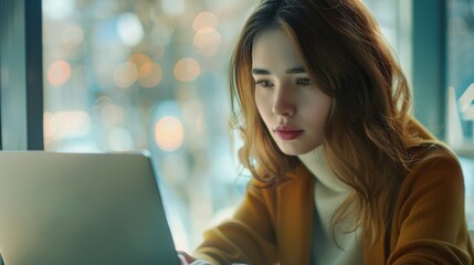 A woman entrepreneur in a modern office dressed formally works Concentrate and use your thoughts. with computer laptop papers and financial reports