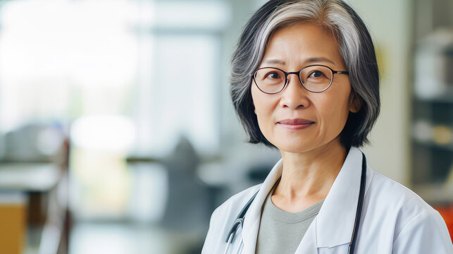 Portrait of a smiling Asian Korean doctor of an elderly old woman with a stethoscope in a medical hospital with modern equipment.