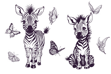 Little monochrome children zebras and butterflies. Isolated on white background. Vector illustration - 762029629