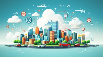 Fototapeta premium Social networking city and town with automation car on the world symbols moving from buildings to cloud using wifi. Vector illustration, penology, communication, generation, modern,