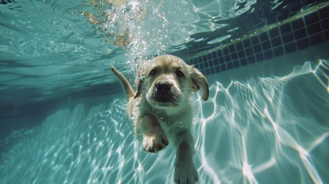 Funny underwater picture of puppies in swimming pool playing deep dive action training game with family pets and popular dog breeds during summer holidays. recreation, relax