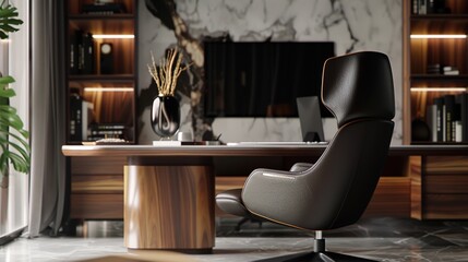 A modern office chair with a sleek backsplash, a large top, and a mix of wood and black finishes.