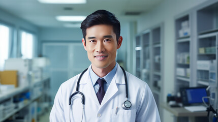 Portrait of a smiling Asian Korean doctor man with a stethoscope in a medical hospital with modern equipment.