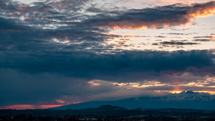 Winter colorful sunset in the countryside of Friuli-Venezia Giulia, Italy