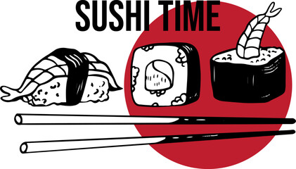 Vector sushi time hand drawn logo with plate chopsticks and spices isolated on white  © Tatyana