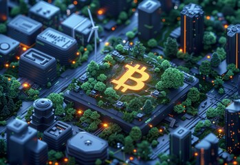 Bitcoin Logo on City Model