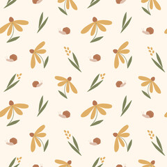 Seamless pattern with yellow flowers, leaves and snails. Vector illustration on beige background