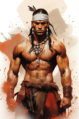 Watercolor sketch. Portrait of ferocious athletic North American Indian warrior - 762031096