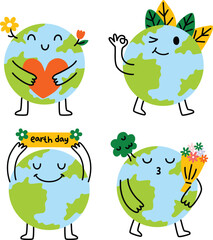 Cartoon cute mascot earth with happy expression Earth Day set Illustration Vector