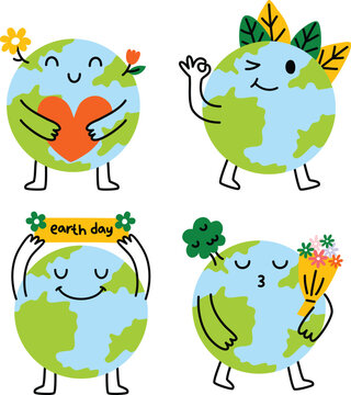 Cartoon cute mascot earth with happy expression Earth Day set Illustration Vector