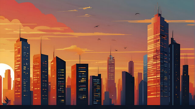 sunset city vector flat minimalistic