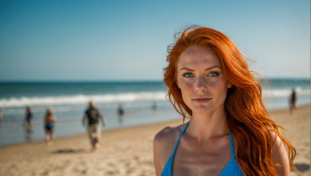 a beautiful woman with blue eyes and red hair wearing a bikini at the sunny beach