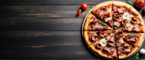 Italian pizza on blank background for text space. Copy space for text.