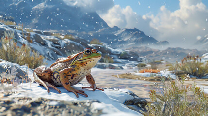 Frog Amidst Snowflakes in Mountain Landscape - obrazy, fototapety, plakaty
