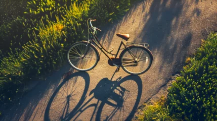 Fototapeten A top view of a bicycle parked on a path, casting a long shadow that stretches across the ground © Nim
