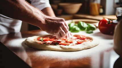 close up of chef making delicious pizza - obrazy, fototapety, plakaty