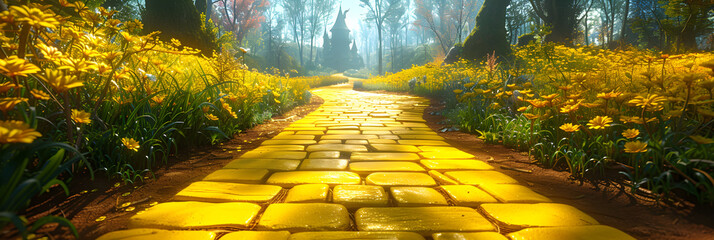 Yellow brick road leading to the enchanted springtime emerald city in oz - a fantasy world of magicians, majestic buildings and seasonal beauty. Suitable for fantasy-themed events and literature - obrazy, fototapety, plakaty