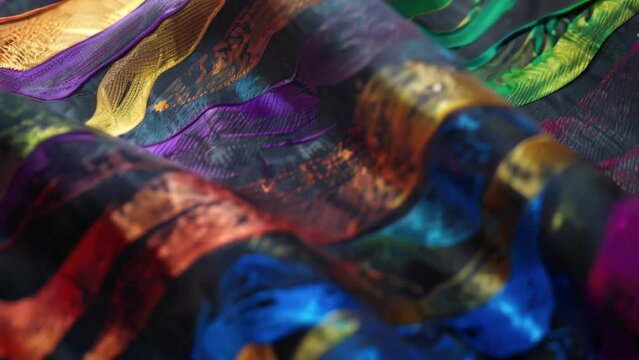 An upclose view of a fabric with a colorful design made entirely out of conductive paints. The vibrant hues and metallic sheen create a visually appealing texture.