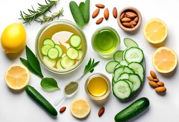 Homemade skin care with natural ingredients aloe vera, lemon, cucumber, himalayan salt, peppermint, rosemary, almonds, cucumber, ginger and honey pollen isolated on white background.   - obrazy, fototapety, plakaty