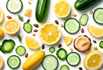 Homemade skin care with natural ingredients aloe vera, lemon, cucumber, himalayan salt, peppermint, rosemary, almonds, cucumber, ginger and honey pollen isolated on white background.   - obrazy, fototapety, plakaty