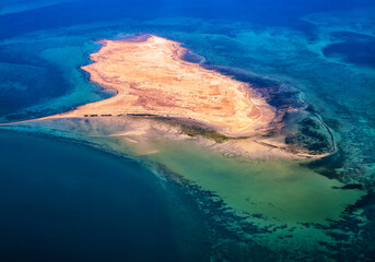 Aerial view of the sea near Doha, Middle East, Qatar, West Asia. - obrazy, fototapety, plakaty