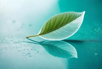 White transparent leaf on mirror surface with reflection on turquoise background macro. Artistic image of ship in water of lake. Dreamy image nature, free space 