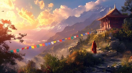 Sunrise illuminates a Himalayan temple and vibrant prayer flags, with the majestic snow-capped mountains creating a breathtaking backdrop. A tranquil monastery high in the mountains. Resplendent. - obrazy, fototapety, plakaty