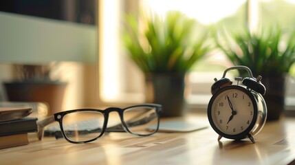 Eyeglasses lying on a desk next to an alarm clock with a computer monitor in the background, suggesting long work hours affecting vision