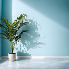 Minimalistic light background with blurred foliage shadow on a light blue wall. Beautiful...
