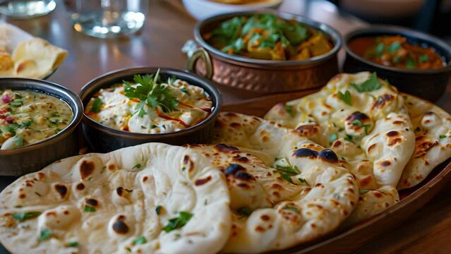 Plates of fluffy goldenbrown flatbread known as naan are p alongside bowls of creamy hummus and tangy tzatziki for dipping.