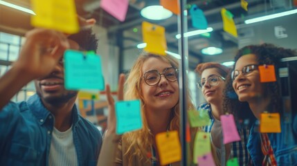 A diverse team of professionals joyfully collaborates using sticky notes on a glass wall in a vibrant, modern office. AIG41