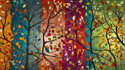 Colorful tree with leaves on hanging branches illustration background. abstraction wallpaper....