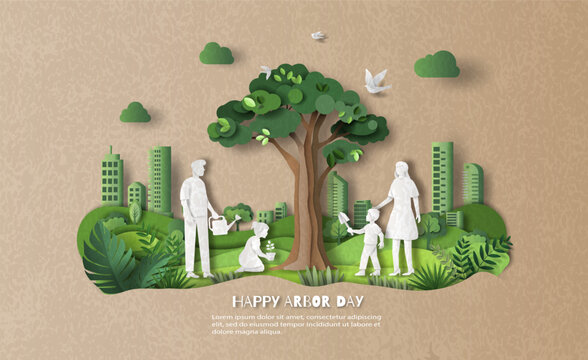 Happy Arbor Day, Family help with tree growth and maintenance, save the planet , paper illustration, and 3d paper.
 - Powered by Adobe