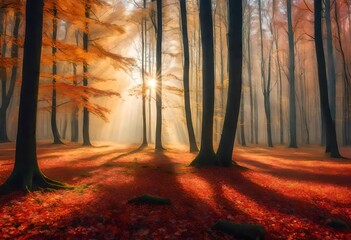 Autumn forest nature. Vivid morning in colorful forest with sun rays through branches of trees....
