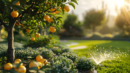 Automatic garden watering system with different rotating sprinklers installed on turf, landscape design with lawn and fruit garden irrigated with smart autonomous sprayers at sunset time