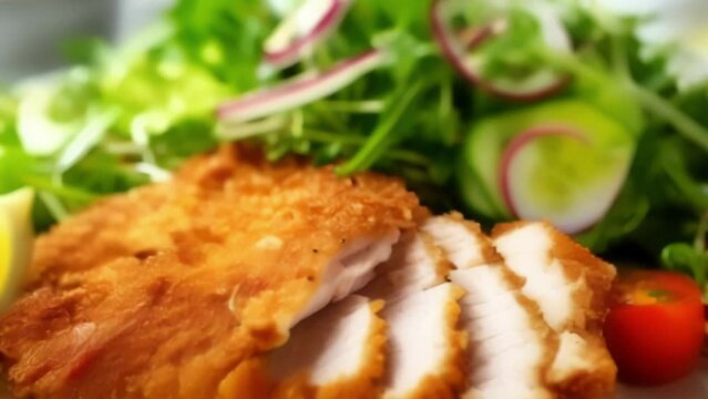 A delightful stack of crispy pork schnitzel, coated in a golden breadcrumb crust, revealing tender and juicy meat inside, paired perfectly with a tangy lemon wedge and a refreshing side