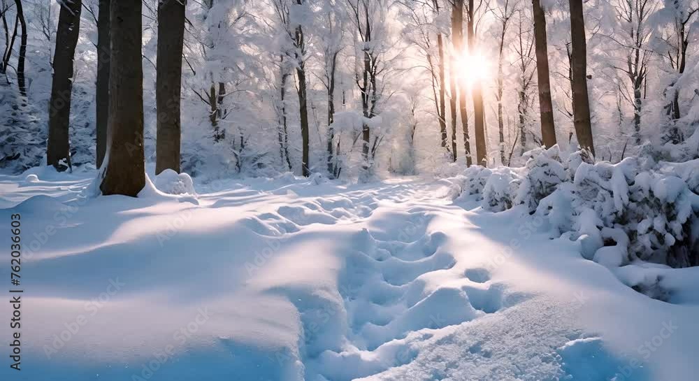 Poster the suns rays pierce through the snow-covered branches of towering trees, creating a dazzling displa