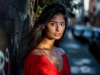 Fototapeta premium Confident latina woman portrait with a city backdrop